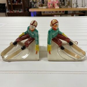 Vintage Set of Two Skiing People Bookends